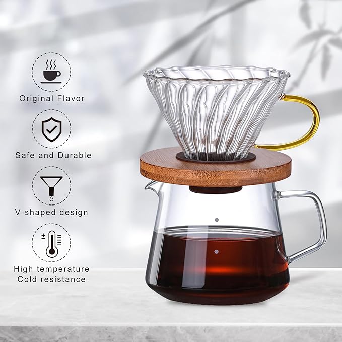 Gute Glass Coffee Dripper/Filter - Cone Glass Pour Over Coffee Dripper with Bamboo Stand & Handle, 1-4 Cups Drip Coffee Maker Funnel Accessories for Home, Office