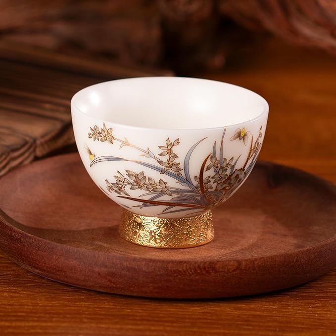 KAMMAK Ceramic Tea Cups Small, Cute Vintage Coffee Cup Set of 2, Porcelain Teacups Espresso Mug, 2.9oz Hand Painted Chinese Afternoon Tea Party Mugs, Birthday Gift for Women Men, High Footed