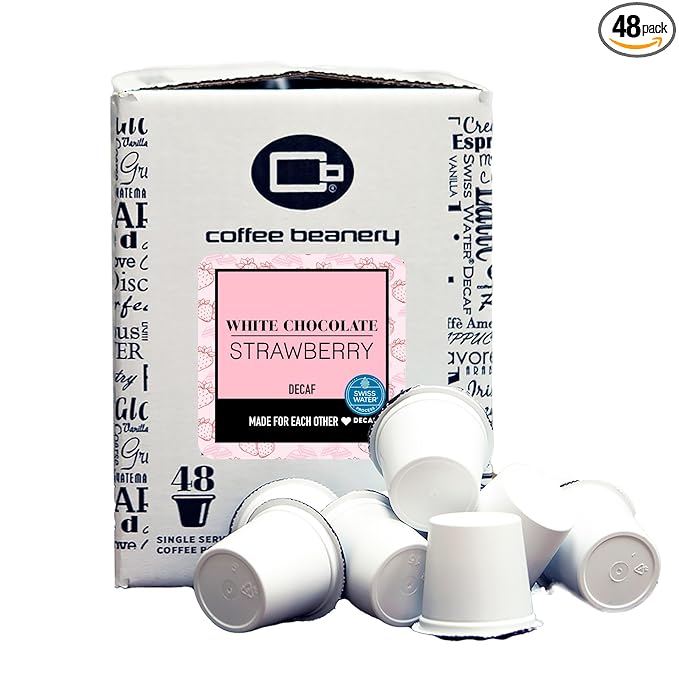 White Chocolate Strawberry Decaf Coffee Pods by Coffee Beanery | 48ct Bulk Medium Roast Arbica Coffee