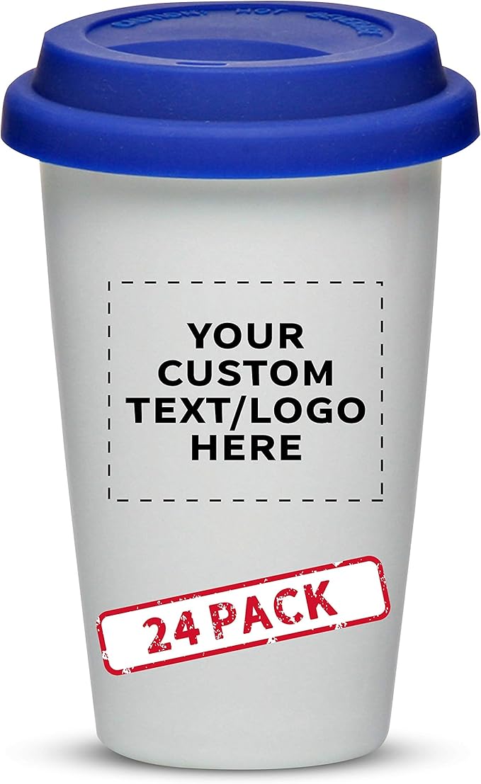 Personalized 11 oz. Double Wall Ceramic Tumblers with Lid - 24 Pack - Custom Text, Logo - Blue