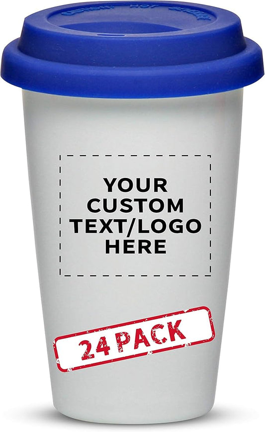 Personalized 11 oz. Double Wall Ceramic Tumblers with Lid - 24 Pack - Custom Text, Logo - Blue