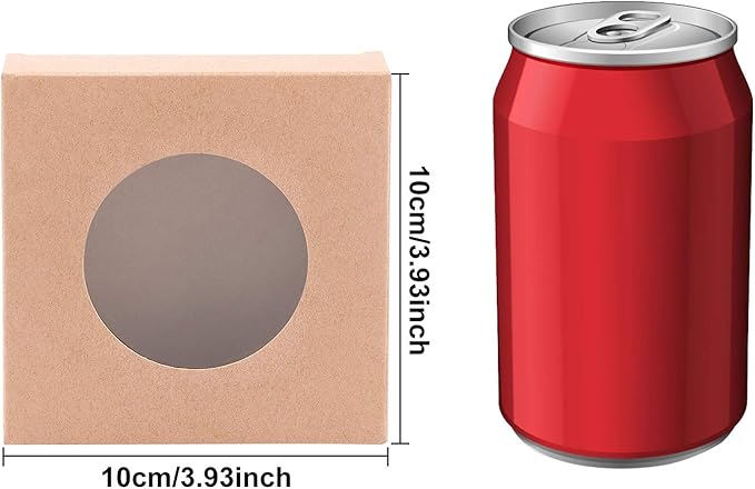 BENECREAT 24 Packs Brown Kraft Square Paper Boxes Gift Wrapping Box with Round Clear Window 4x4x0.9 for Party Favor Treats, Jewelry, Gift Packaging
