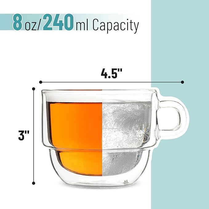 BTaT- Double Walled Stackable Glass Coffee Mugs, 8 oz, Set of 4, Glass Coffee Cups with Handle, Insulated Clear Coffee Mug for Hot and Cold Beverages, Cappuccino, Latte, Tea, Americano