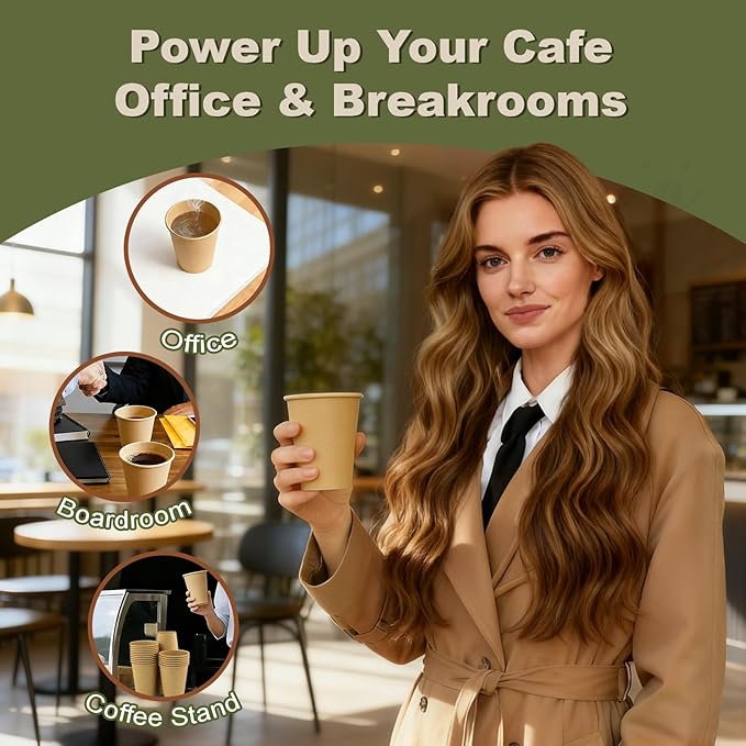 12 oz 100 Pack Disposable Coffee Cups, Bulk Brown Disposable Paper Cups, Coffee Cups for Hot Tea, Chocolate and Cold Drinks