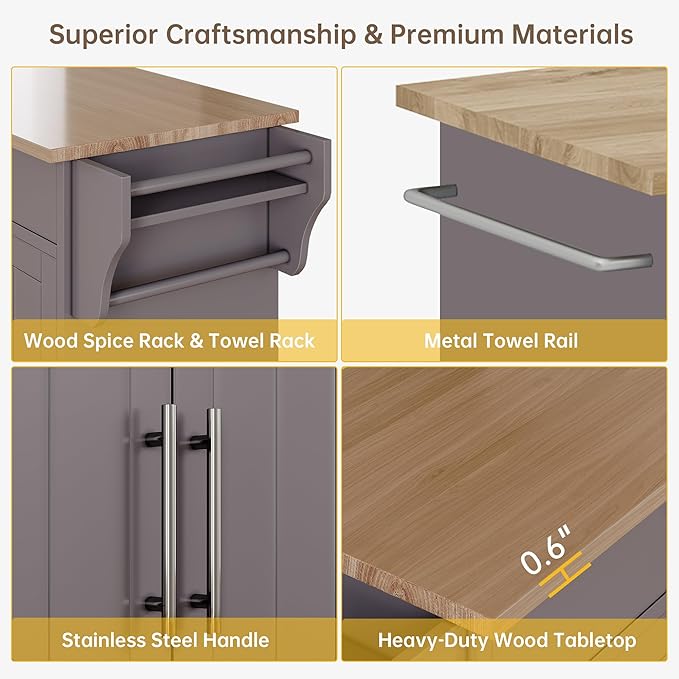 Wood Kitchen Island with Storage, Wooden Rolling Kitchen Island On Wheels with Countertop, Mobile Kitchen Island Cart with Towel Rack, Spice Rack, Adjustable Shelf and Drawers, Grey