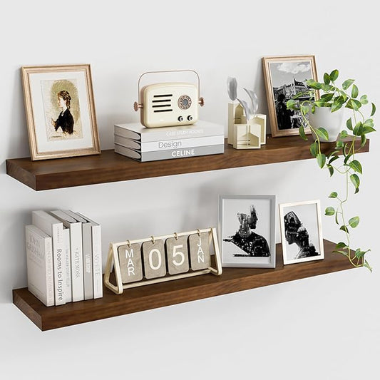Vivelove Solid Wood Rustic Floating Shelves 8 inch Deep, 36” x 8”x 1.4” Floating Wall Shelves for Living Room Kitchen Bedroom Bathroom Office, Farmhouse Home Decor, 2 Packs, Dark Walnut, Pine Wood