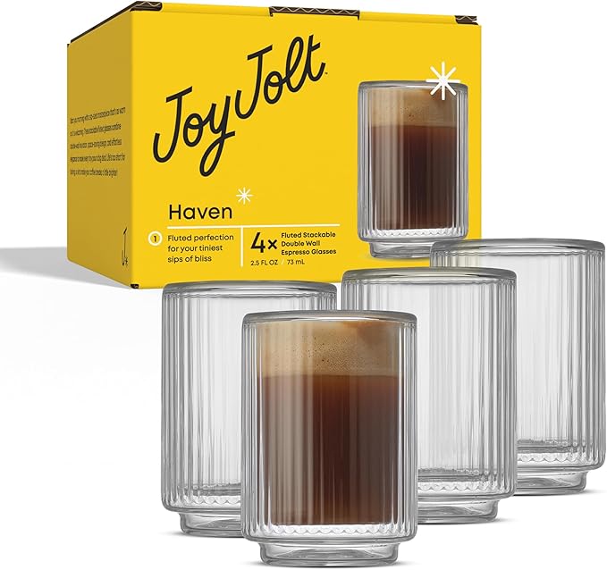 JoyJolt Haven Fluted Stackable Espresso Cups Set of 4, 2.5oz Ribbed Double Wall Glasses, Stacking Insulated Coffee Cup Set, Small Glass Coffee Cups for Espresso Machine Accessories