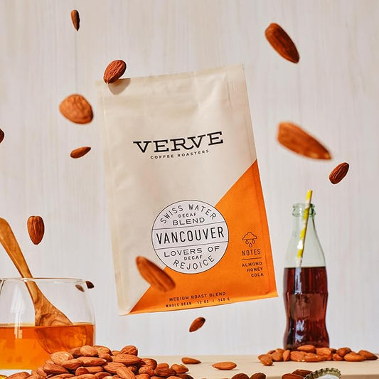 Verve Whole Bean Coffee | Vancouver Swiss Water | Decaf Coffee | Medium Roast | Espresso Coffee | Direct Trade | Resealable Pouch | Enjoy Hot or Cold Brew | 12oz Bag