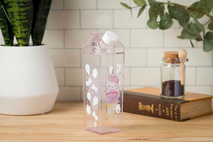 Silver Buffalo Sanrio Hello Kitty as a Unicorn Ice Cream Plastic Pastel Pink Milk Carton Pitcher Bottle, 16.2 Ounces