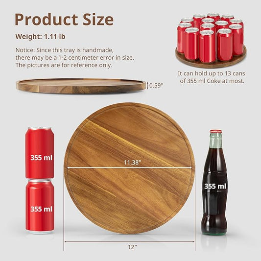 12 Inch Acacia Wood Round Tray, Wooden Decorative Serving Coffee Table Tray Centerpiece Candle Holder for Farmhouse Kitchen Dining Room Home Decor Coffee Table Decor and Accessories