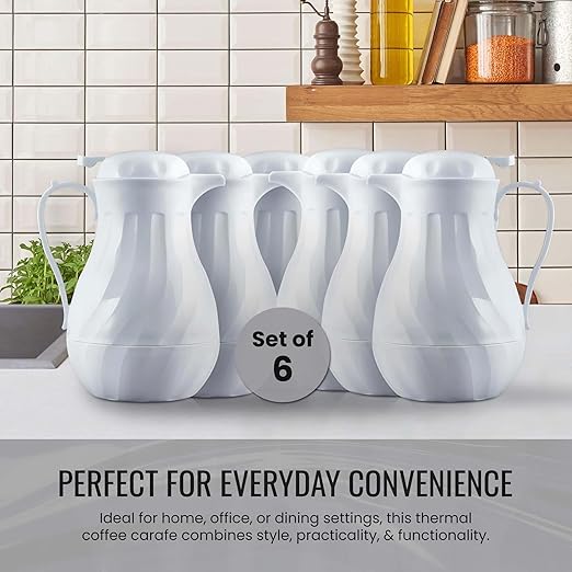 OCS Parts Set of 6 Easy Pour Thermal Coffee Carafes | 11-Inch Insulated Hot and Cold Beverage Pitcher Server for Coffee, Tea, Hot Chocolate and Water | 64-Ounce | White