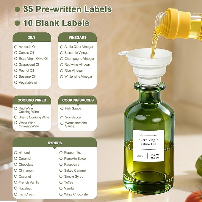 COOLMI Oil Dispenser for Kitchen - 12oz/350ml, Set of 2 Extra Thick Food Grade Glass Olive Oil Dispenser Bottle with Cleaning Brush, Stickers and Funnel (Black)