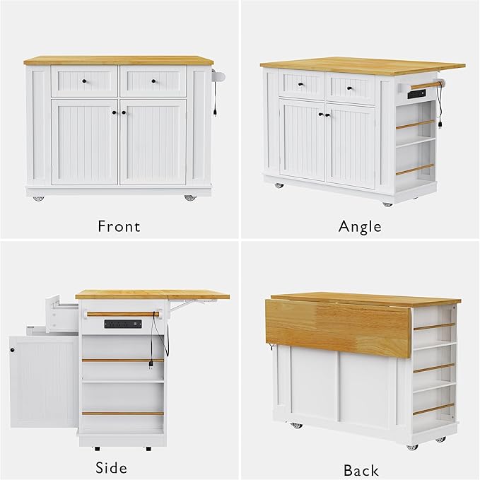 Rolling Kitchen Island with 2 Bar Stools, Drop Leaf & Power Outlet, Large Kitchen Islands Cart on Wheels, Movable Kitchen Island with 5 Open Shelves & Towel Rack for Kitchen, Dining Room, 48″, White