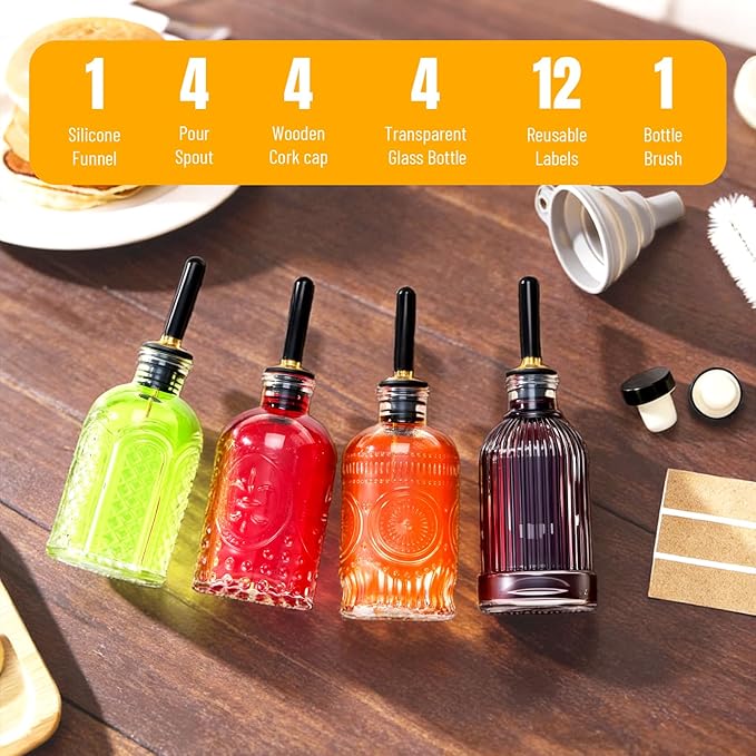 4-Pack Coffee Syrup Dispenser, 7 OZ/200ML Honey Dispenser, Small Syrup Bottles with Funnel & Extra Nozzles, Glass Syrup Dispenser for Coffee Shop, Home Kitchen