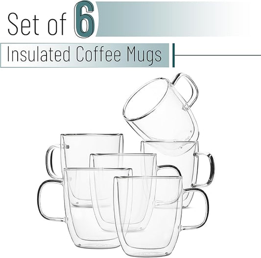 BTaT- Double Walled Glass Coffee Mugs, 12 oz, Set of 6, Glass Coffee Cups with Handle, Insulated Clear Coffee Mug for Hot and Cold Beverages, Cappuccino, Latte, Tea, Americano, Microwave Safe