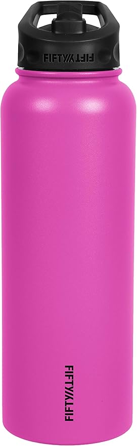 Fifty/Fifty 40oz, Double Wall Vacuum Insulated Sport Water Bottle, Stainless Steel, Straw Cap w/Wide Mouth, Lipstick Pink, 40oz/1.1L