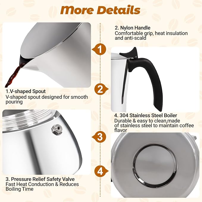 Vaolvpant No Coating 4 Cup Thickened 304 Stainless Steel Moka Pot Stovetop Espresso Maker Italian Coffee Machine 200ml 6.8oz Suitable for Gas Induction Stovetop Greca Coffee Maker Percolator