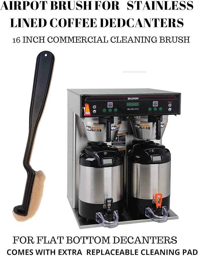 LONG HANDLE 16" COFFEE AIR POT/DECANTER URN CLEANING BRUSH FOR STAINLESS LINED THERMAL CARAFES COMMERCIAL USE UNBREAKABLE REPLACEABLE CLEANING PAD