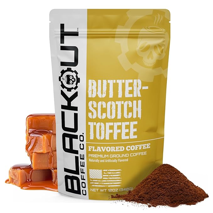 Blackout Coffee Butterscotch Toffee Flavored Ground Coffee – Medium Roast, Smooth Taste, Guilt-Free Indulgence – Freshly Roasted 12oz Pouch.