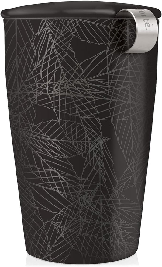 Tea Forte Double-Walled Ceramic Kati Cup, Removable Stainless Steel Infuser Basket and Lid, Steeps 12 oz Loose Leaf Tea, Dishwasher & Microwave Safe, Noir