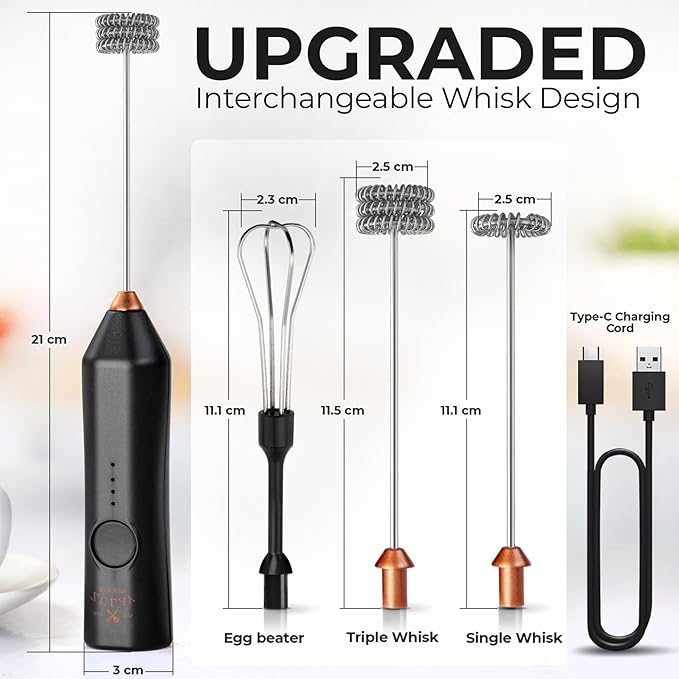 Zulay Kitchen Rechargeable Milk Frother - Dynamic - 3 Speeds, 3 Whisk Attachments, 500 mAh USB Charging, Drink Mixer For Latte, Cappuccino, Matcha, Protein Powder, Coffee Foam - Black Copper