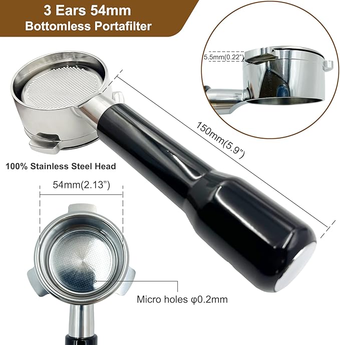 Bottomless Portafilter, 54mm, with Filter Basket and Puck Screen for Breville Barista Express, 3 Ears Stainless Steel, Black Handle