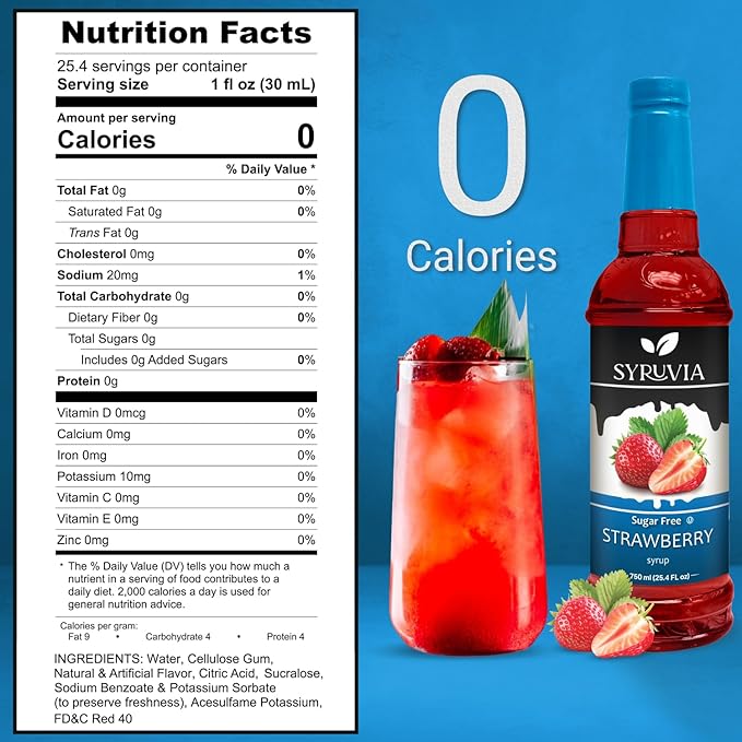 Syruvia Sugar-Free Strawberry Syrup, Flavored Syrup for Drinks, Cocktails, Lemonades, Iced Teas, and Desserts – 25.4 fl oz, With Pump