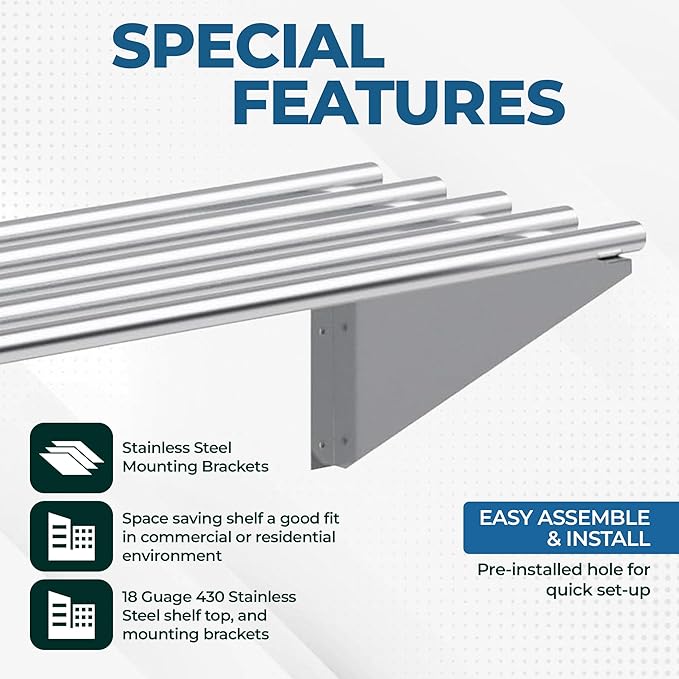 Premium Stainless Steel Tubular Wall Shelf – 14" D x 48" L | NSF Certified | Equipment & Appliance Wall Shelf for Kitchen, Restaurant, Utility Room