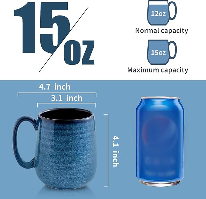 Hasense Porcelain Coffee Mugs Set of 6, 15 Ounce Large Ceramic Coffee Cups Set with Handle for Latte, Tea, Cocoa and Hot Chocolate, Blue Coffee Mugs for Men and Women, Microwave Safe