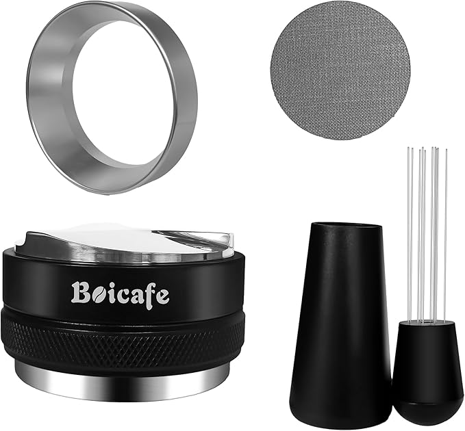 58mm Espresso Accessories Kit, 4 PCS 58mm Coffee Distributor Espresso Coffee Tamper Leveler with WDT Tool, Dosing Funnel and Espresso Puck Screen for Bottomless Portafilter (58mm)