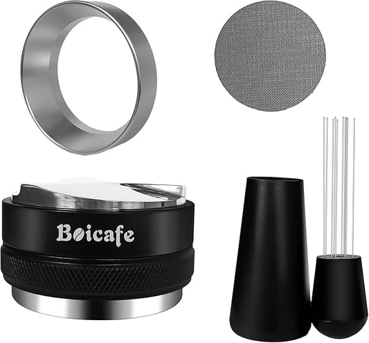 58mm Espresso Accessories Kit, 4 PCS 58mm Coffee Distributor Espresso Coffee Tamper Leveler with WDT Tool, Dosing Funnel and Espresso Puck Screen for Bottomless Portafilter (58mm)