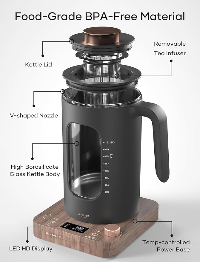 Electric Tea Kettle, Electric Kettle with Tea Infuser, ±1℉ Knob Temperature Control, BPA-Free Glass, 1200W Fast Heating, Easy to Clean, 1 Liter (Wood)