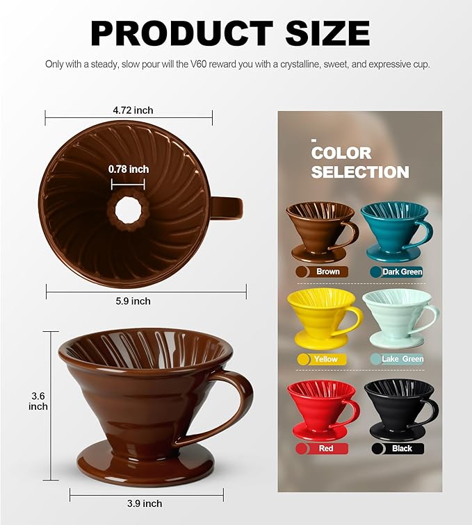Pour Over Coffee Dripper - Ceramic Cup, Pour Over Coffee Maker Cone, Porcelain Cone, Easy Manual Brew Maker - Strong Flavor Brewer for Home, Cafe, Office - 1-4Cup, V60 Size 02 (Brown)