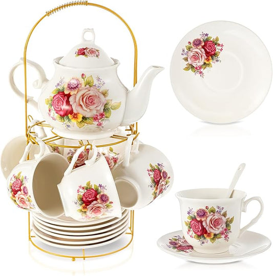 Zhehao 20 Pcs Porcelain Tea Set with Metal Holder and Spoon Adult Ceramic Tea Set European Flower Painting Teapot Cup Saucer Spoon for Women, Large Version(Modern Style)