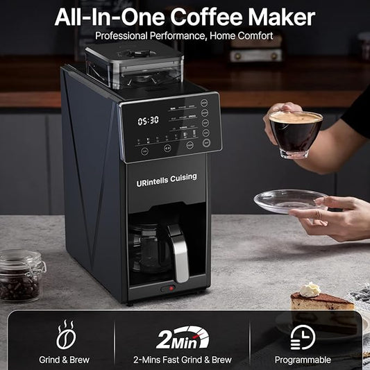 Coffee Maker with Grinder, 22OZ Drip Coffee Maker with Glass Carafe and Removable Filter, Programmable Hot and Cold Bean to Cup Coffee Machine with Timer, Auto Shut Off