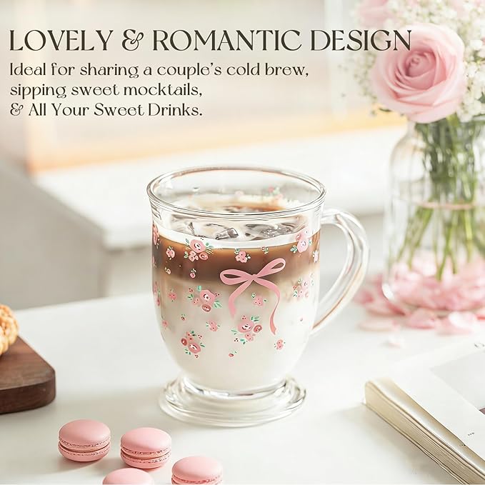 KEMORELA 16oz Valentine's glass coffee mugs Set of 2, Cute Pink Bow glass cup with Handle, Romantic Mug, Sweet Valentine's Gifts for Couple Drinking Glasses for Valentines Party- Dishwasher Safe