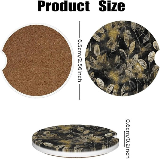 Car Cup Holder Coasters, 2 Pcs Ceramic Coasters with Finger Slot and Cork Back, Anti-Slip Shock Absorbing Women and Men Universal Car Accessories - Golden Powder Leaves