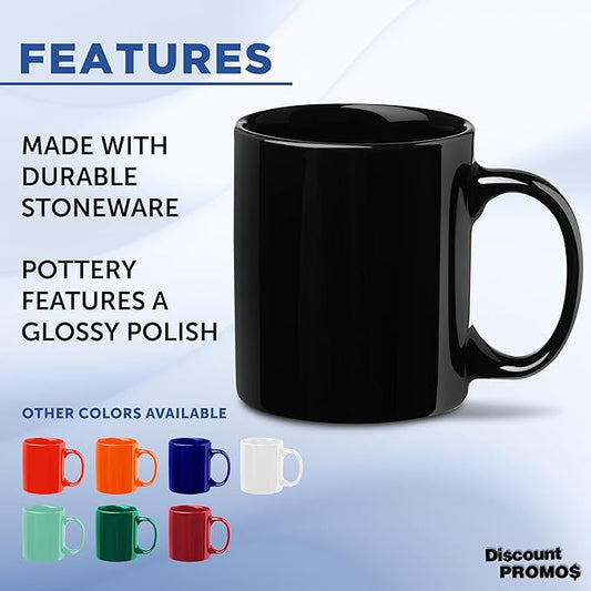 DISCOUNT PROMOS Ceramic Mugs – 11 oz. Set of 10, Personalized Bulk Pack, Perfect for Hot or Iced Drinks, Gaming – Black