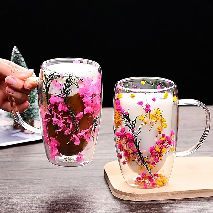 Creative Flowers Double Wall Clear Glass Coffee Mug with Handle, Aesthetic Dried Flowers Coffee Mug, Clear Double Insulated Glass Cup for Hot and Cold Beverages, Cappuccino, (A)