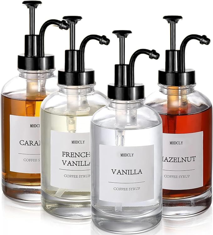 Coffee Bar Accessories, Coffee Syrup Dispenser - 4pack, 16.9oz Syrup Dispenser with Labels, Syrup Pump Dispenser for Coffee Bar