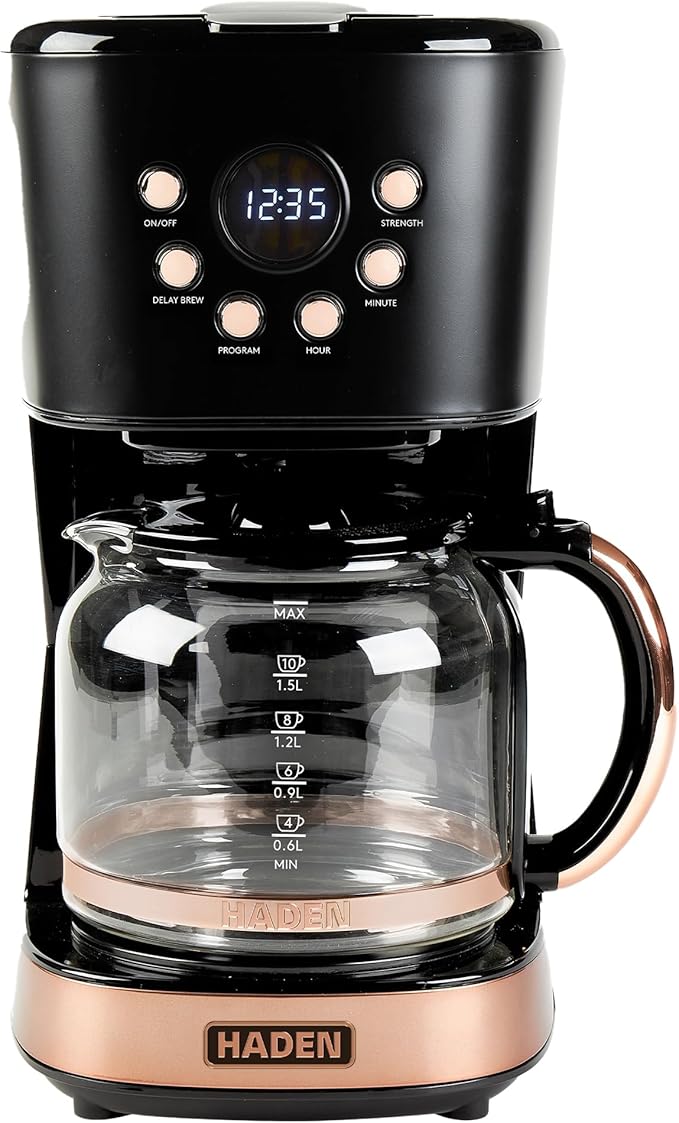 HADEN Coffee Machine, 12 Cup Programmable Drip Coffee Maker with Auto Shut-Off Function and Reusable Washable Water Filter, Black & Copper