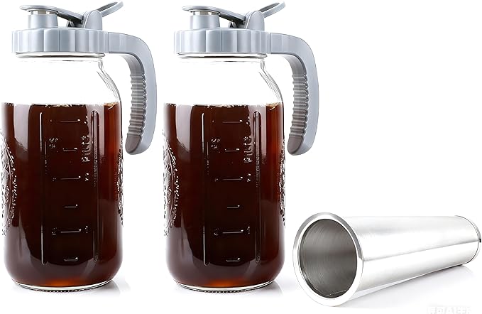 64 OZ Cold Brew Coffee Maker 2 Quart Mason Jar Glass Iced Tea Pitcher With Stainless Steel Filter Half Gallon Pitcher With Spout Lid For Iced Coffee,Tea & Lemonade,Sun Tea Airtight & Leak-Proof 2 PACK