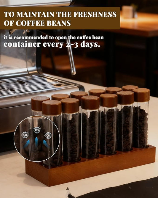 Coffee Espresso Bean Storage Tubes Set – 12pcs 60ml Airtight Glass Single Bean Coffee Storage Tube with Bamboo Lids & Walnut 12-Slot Stand, Espresso Container with Funnel & Labels for Barista