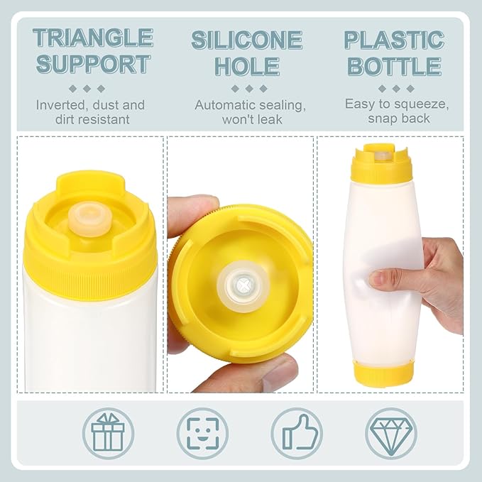 Didaey 4 Pcs Squeeze Bottles Refillable 20 oz, Inverted Plastic Tip Large Valve Dispenser Condiment Squeeze Bottle for Sauces Ketchup Sour Cream Self Sealing Syrup Dispenser for Restaurants (Yellow)
