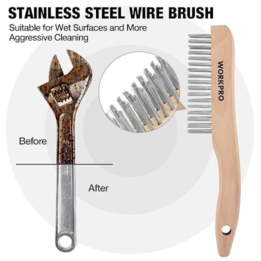 WORKPRO Wire Brush Set, 6 Pcs Brass/Stainless Steel Wire Scratch Brush Set, Small Large Size with Beechwood Handle for Cleaning Rust, Paint and Welding Slag