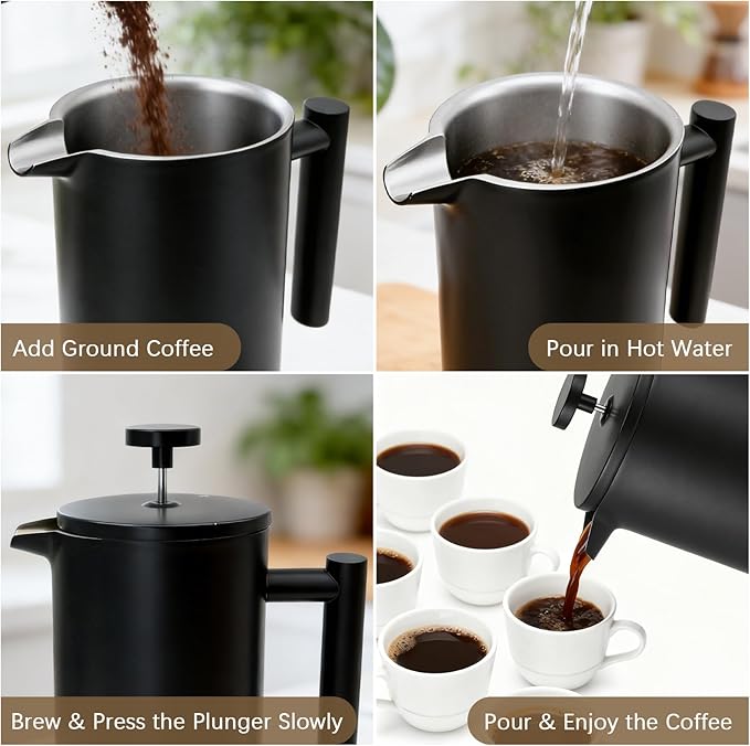 CAOANTRY French Press Coffee Maker, 304 Grade Stainless Steel French Press with 2 Extra Filters for Home, Office, Travel, Camping - 34OZ/2 Litre (Black)
