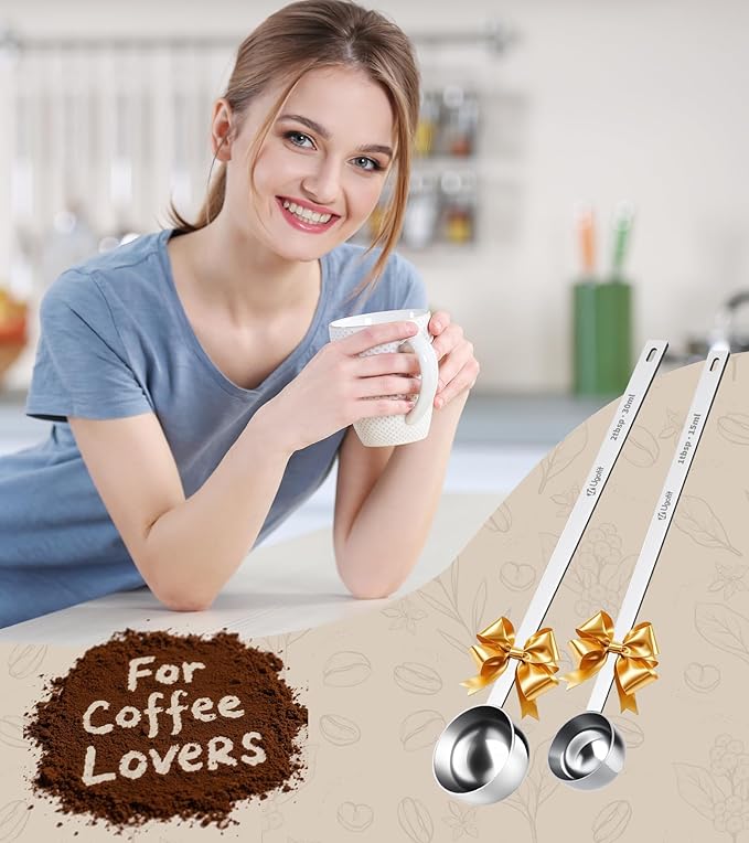 Ugotit 304 Stainless Steel Coffee Scoop, Long Handle Measuring Scoop for Ground Coffee, Engraved TBSP/ML, Dishwasher Safe (1 Tbsp & 2 Tbsp)