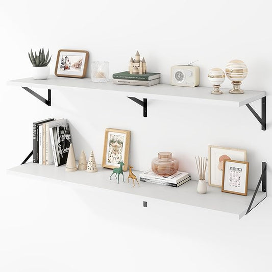 Deep Floating Shelves Wall Mounted, 48"x12" White Wall Shelves with Brackets Set of 2 for Bedroom, Living Room, Bathroom, Kitchen, Office - Storage & Display Shelf for Decor, Books, Plants