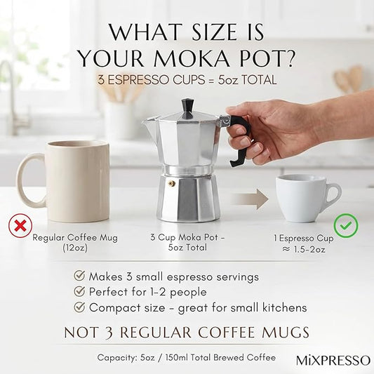 Mixpresso Moka Pot 3 Cup (5 oz Total) – Stovetop Espresso Maker for Gas & Electric Stove, Aluminum Cuban & Italian Coffee Maker, Small Size Espresso Brewer