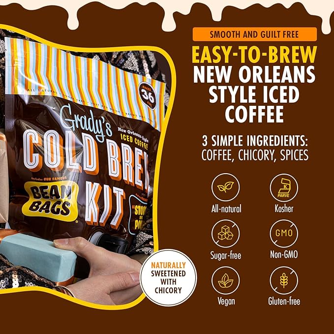 GRADY'S COLD BREW, French Vanilla, 100% Arabica Ground Coffee & Chicory Pouches, All-in-One Cold Brew Kit with 12 Easy-to-Brew Bags, Makes 36 Drinks